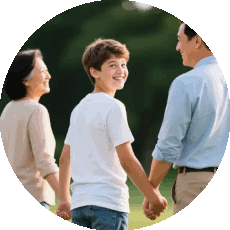 Junge, der zürückblickend in die Kamera lächelt